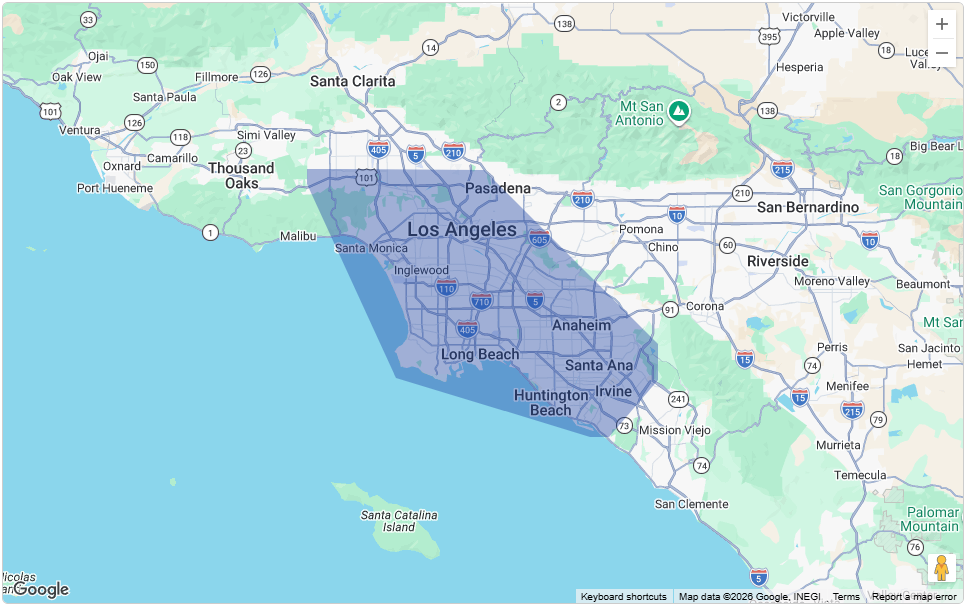 BOLT FT service area map — Los Angeles and Orange County